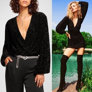 RAMY BROOK Zebra Stripe Velvet Burnout Puff Long Sleeve‎ Draped V-Neck Top XS
